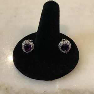 Purple Heart Crystal Halo Sterling Silver Stud Earrings, Brand New